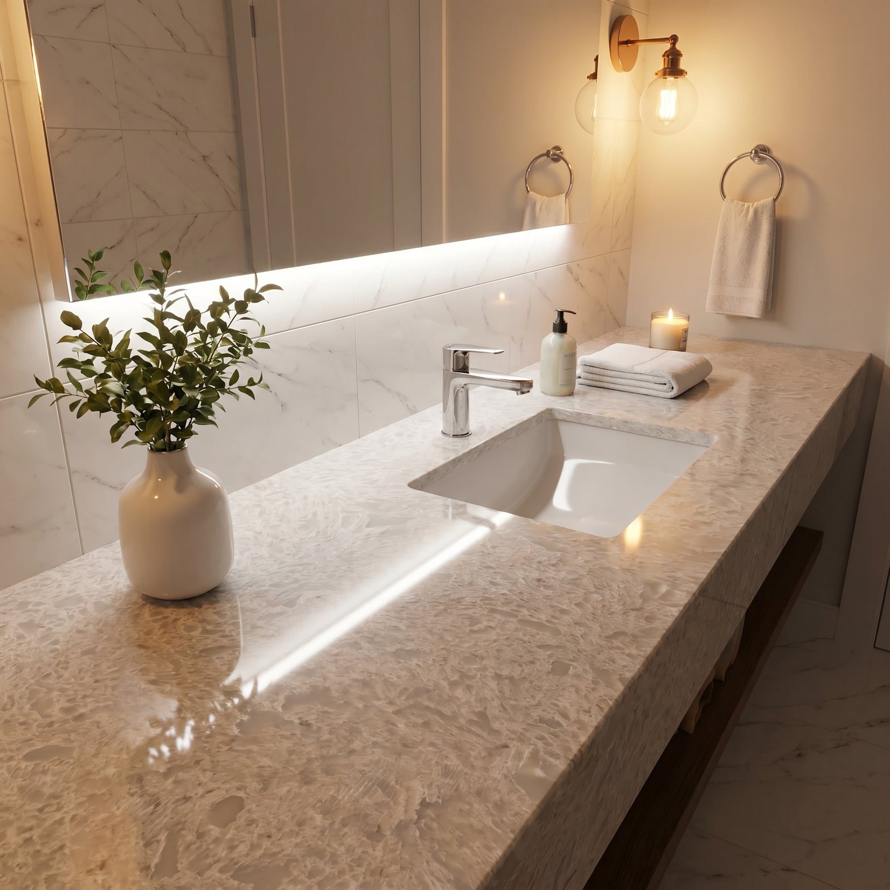 Alpine Lace backlit marble quartz detail, Marmo Finish