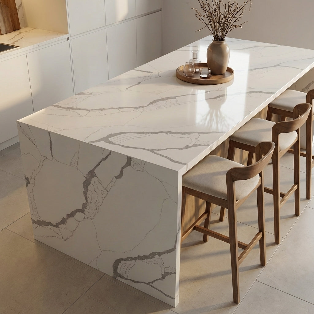Lucent Calacatta calacatta quartz detail, Marmo Finish