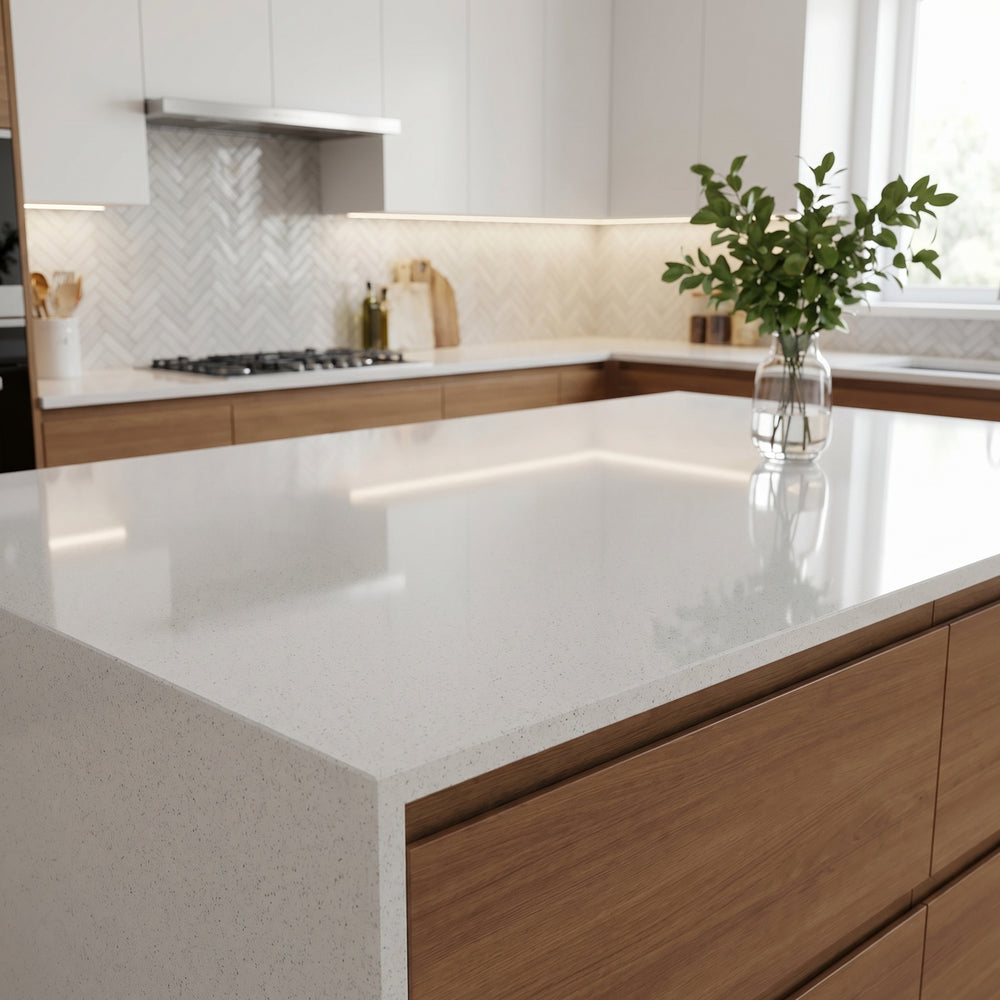 Linen White solid quartz detail, Marmo Finish