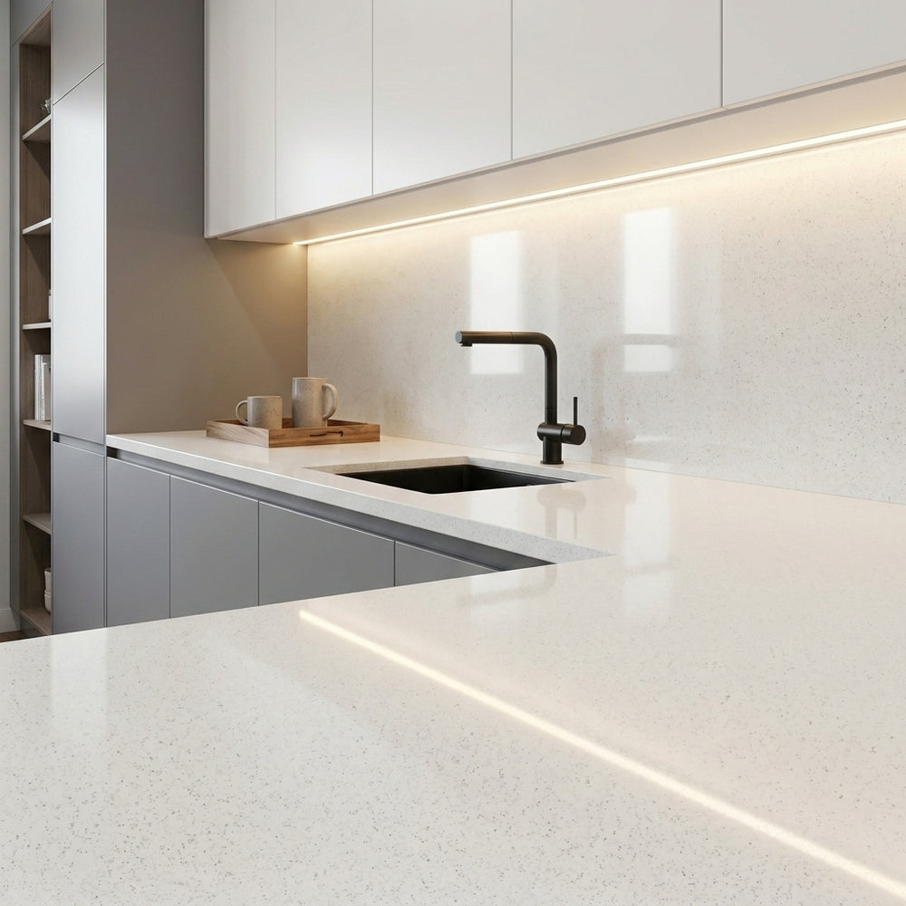Starlight White fine grain quartz detail, Marmo Finish