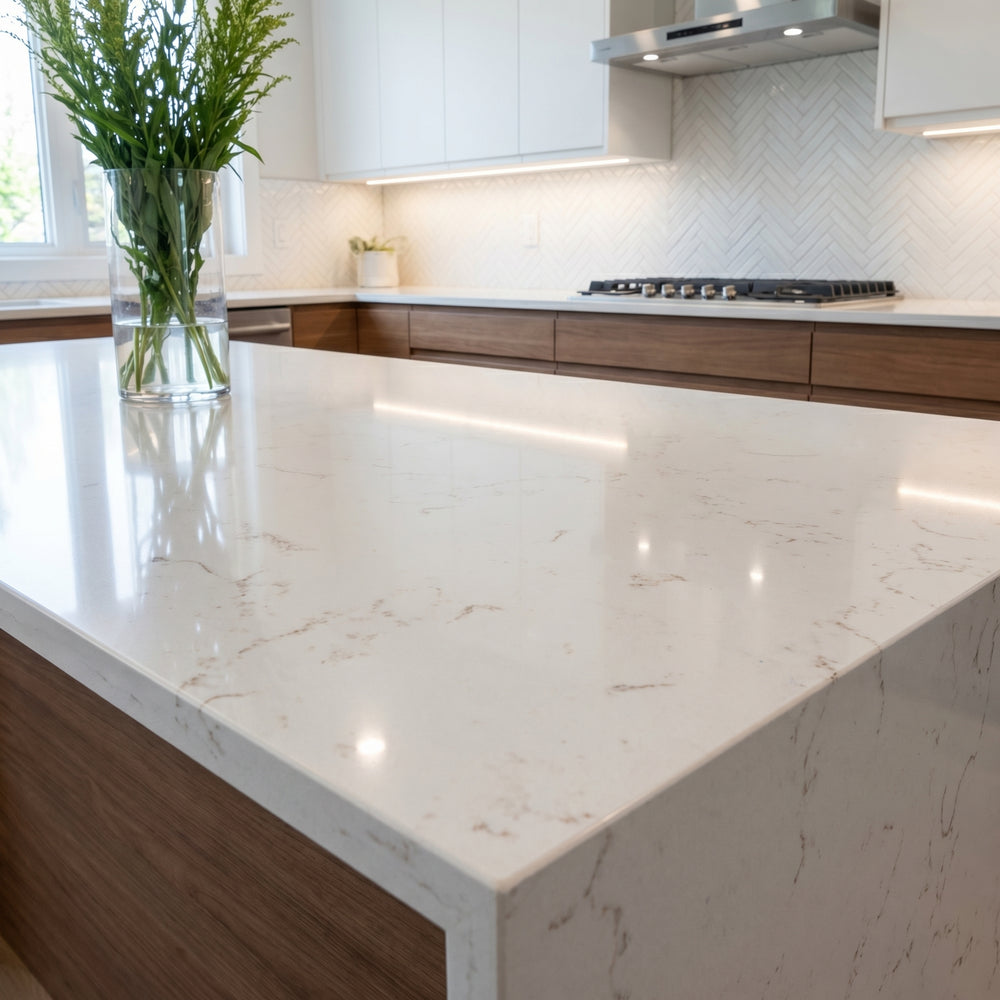 Aurora Silk carrara quartz detail, Marmo Finish