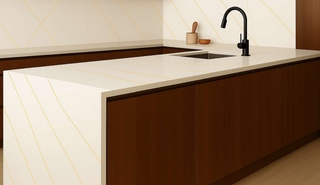 Aurelia Gold calacatta quartz slab in white, Marmo Finish