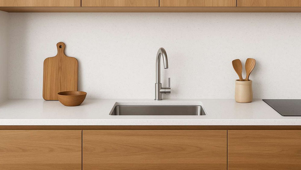 Cloud White solid quartz detail, Marmo Finish