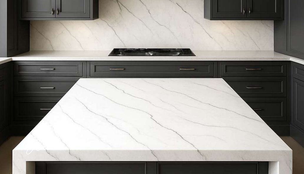 Calista calacatta quartz slab in white, Marmo Finish