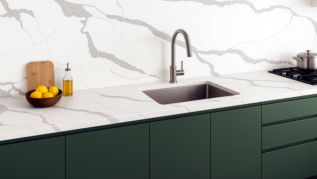 Arctic Ridge calacatta quartz slab in white, Marmo Finish