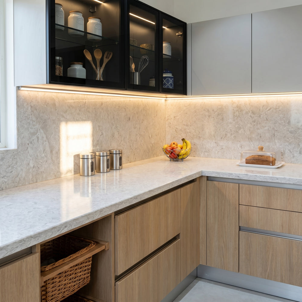 Alpine Lace backlit marble quartz detail, Marmo Finish