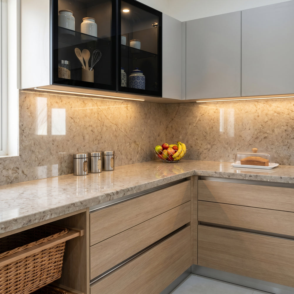Sahara Gold backlit marble quartz detail, Marmo Finish